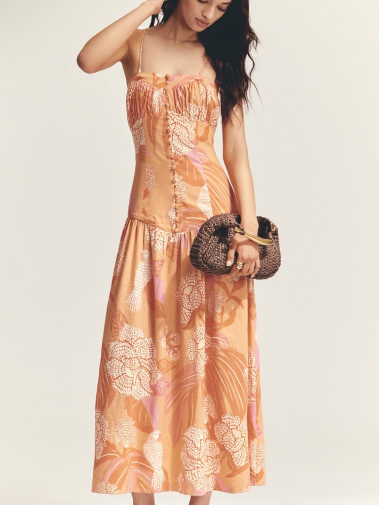 Farm Rio X Anthropologie Linen Blend Strapless Drop-Waist Maxi Dress In Aurora